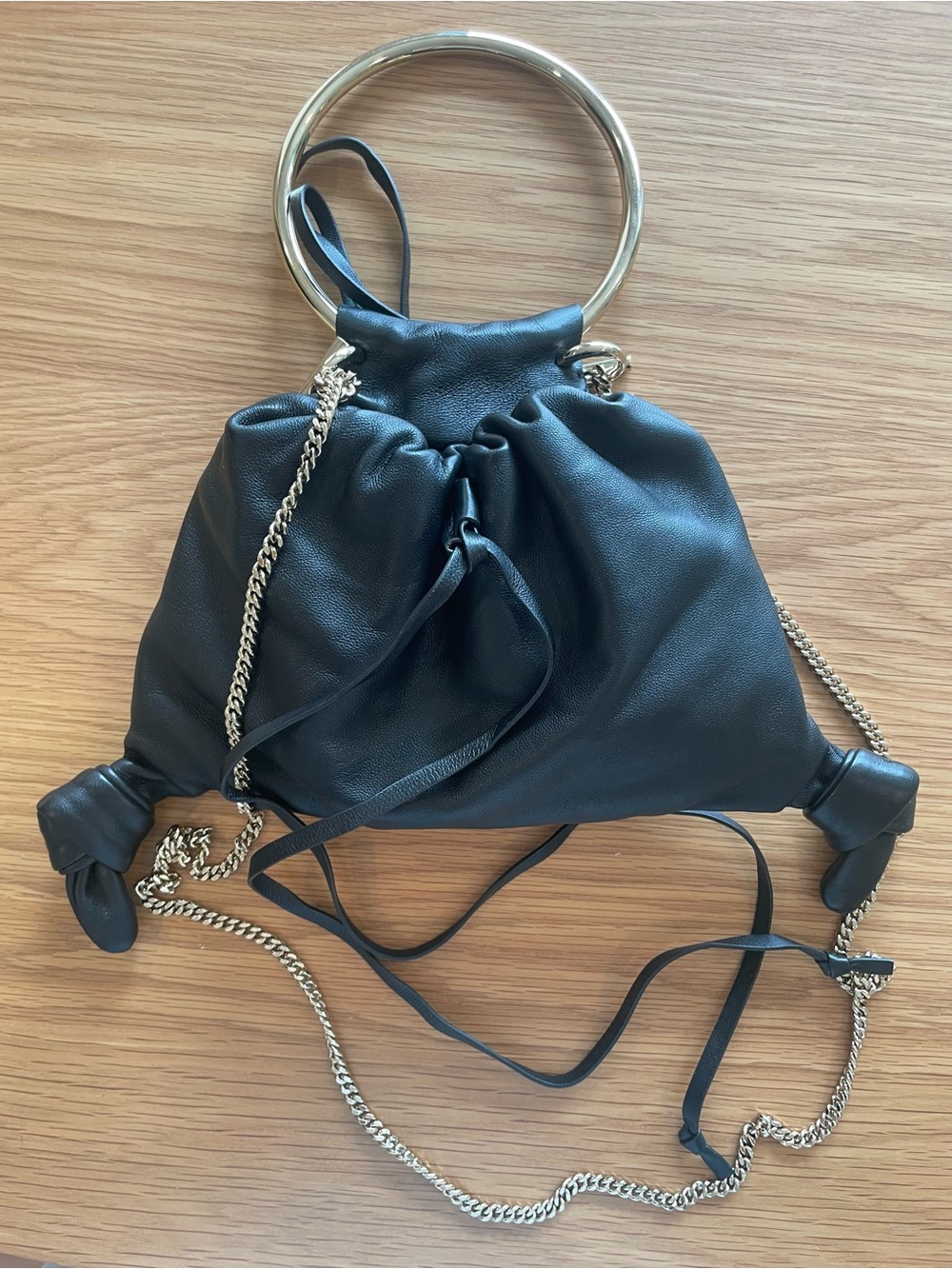 Chloe Arlene Black Lambskin Leather Drawstring Bracelet/Chain Bag